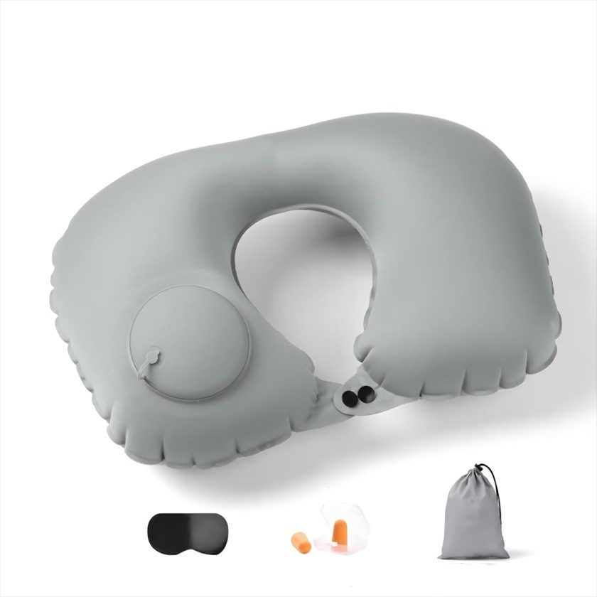 Adjustable Inflatable Neck Pillow, Inflatable Travel Pillow,Portable Inflatable Pillow U-Shaped with Eye Mask,Earplug and Carry Bag (Rock Gray)