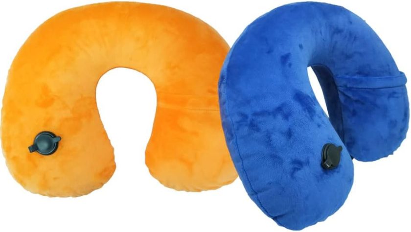 2Pack Inflatable Neck Pillow with Washable Crystal Velvet Cover Ultralight Travel Pillow for Airplane, Car, Office U-Shaped Ergonomic Support(Orange Red Royal Blue)