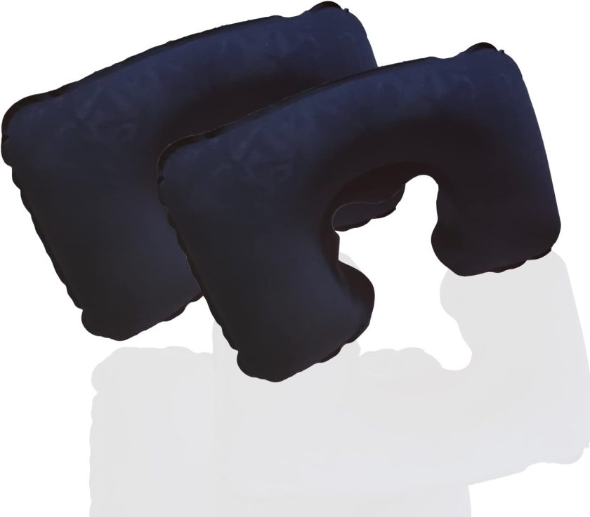 2 Pack U-Shaped Inflatable Travel Neck Pillow Flocked Fabric Air Pillow,Compact Travel for Airplanes Travel Light Inflatable Neck Pillow Support Head Neck/Lumbar for Traveling,Home (Navy-Blue)