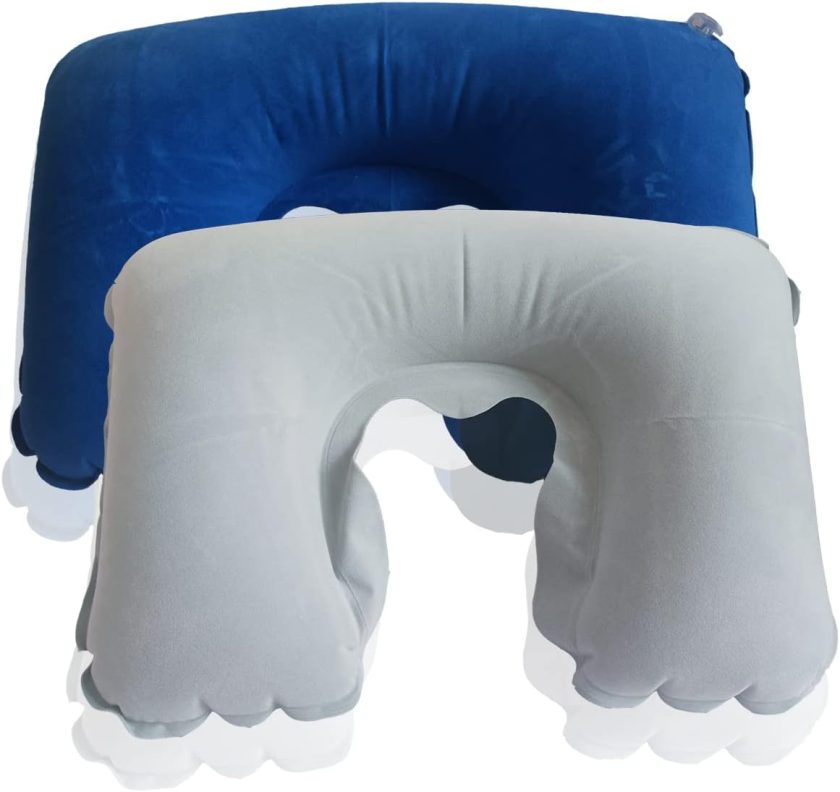 2 Pack (Grey/Jewel-Blue) U-Shaped Inflatable Travel Neck Pillow,Flocked Fabric Air Pillow for Airplanes Travel Light Neck Support Head Neck/Lumbar for Traveling,Home