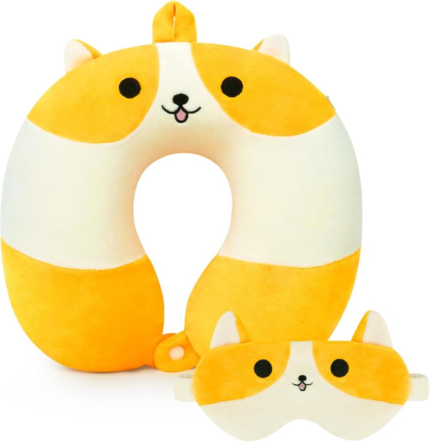 Cartoon Travel Pillow for Kids Boys & Girls, Teens, Travel Accessories for Airplane, Car, Memory Foam Cute Travel Pillow with Sleep Eye Mask - Corgi