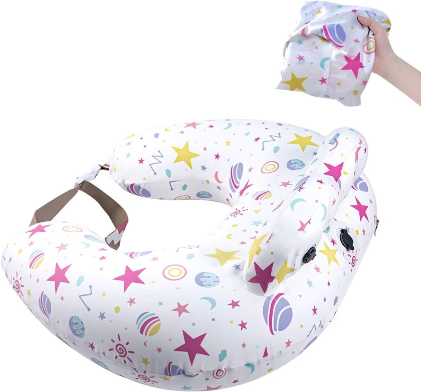 Inflatable Travel Nursing Pillow + Plus Pillow Cover for Replacement, Breastfeeding Breast Feeding Pillow for Mom & Baby Support, 2 Removable Cover, Newborn Essentials Must Haves