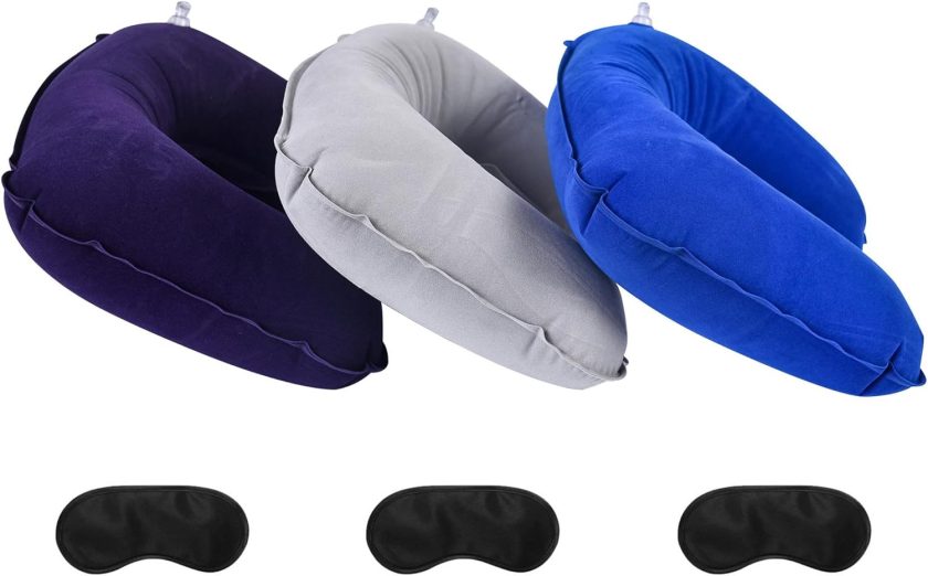 3 Pieces Inflatable Travel Pillows, Head Neck Lumbar Support, for Airplane Car Train Bus Camping Hiking, Home Office Sleeping, Ultralight Portable Compact Soft, Backpacking Trip Pillow