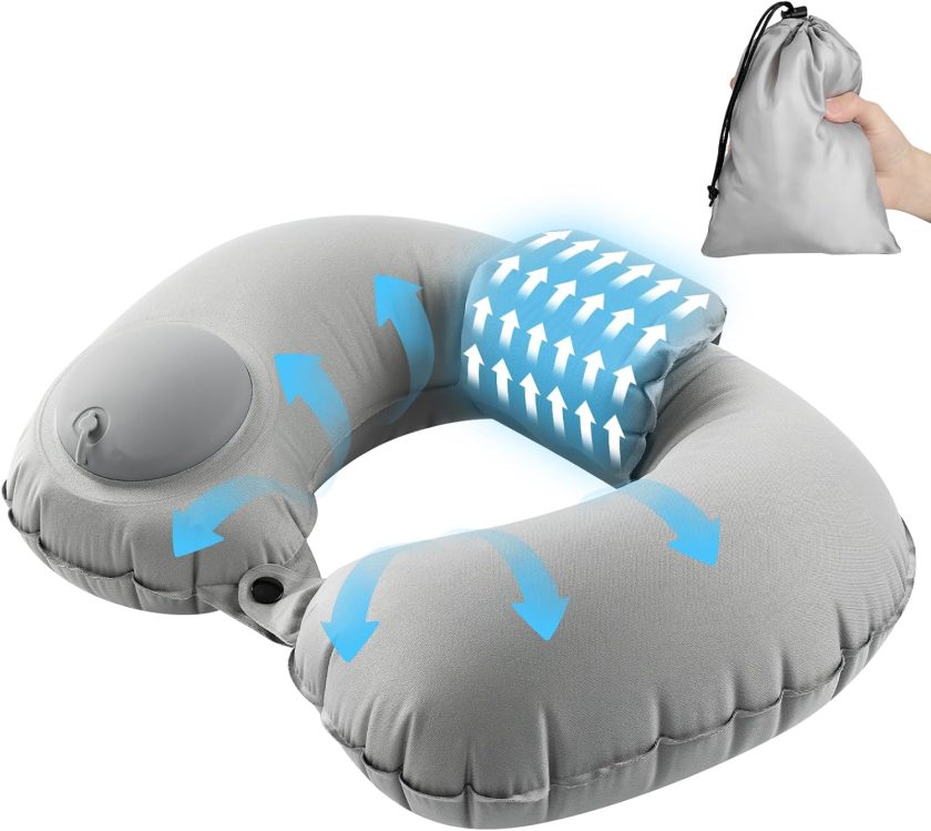 Inflatable Travel Neck Pillow, Pump Type, U-Shaped Pillow, Double Valve, Portable Pillow, Headrest,Air Pillow, Manually Pressed Inflatable, , Airplane, Travel Pillow, Storage Pouch Included