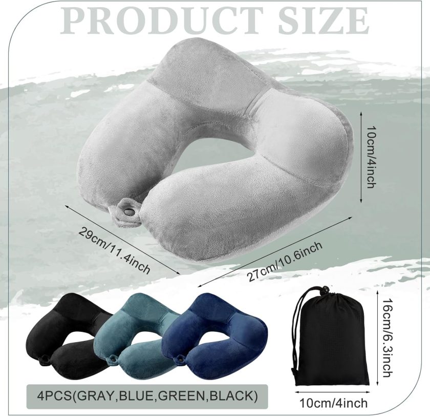 4 Sets Inflatable Travel Pillows for Airplanes with Compact Bag and Blindfold Velvet Inflatable Neck Pillow for Traveling Head Support U Shaped Flight, 12 x 12 x 5.5 Inch(Multi Color) - Image 2