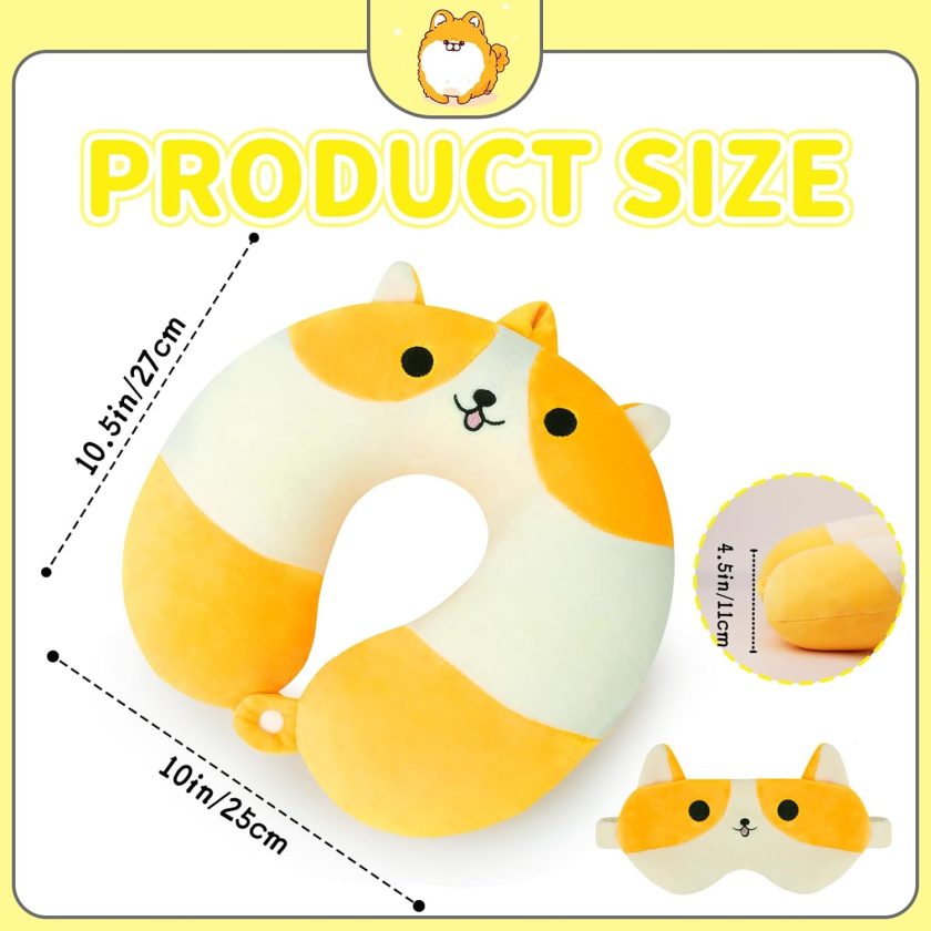 Cartoon Travel Pillow for Kids Boys & Girls, Teens, Travel Accessories for Airplane, Car, Memory Foam Cute Travel Pillow with Sleep Eye Mask - Corgi - Image 2