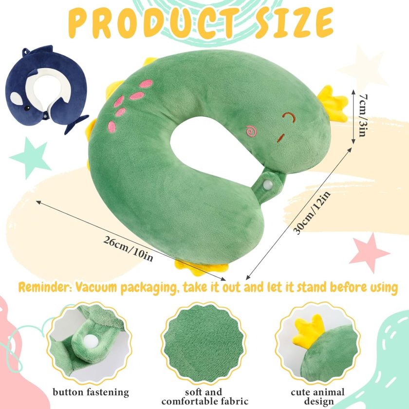2 Pcs U Shaped Neck Pillow for Travel, Soft Neck Head Chin Support Pillow, Airplane Car (Dinosaur, Shark) - Image 2