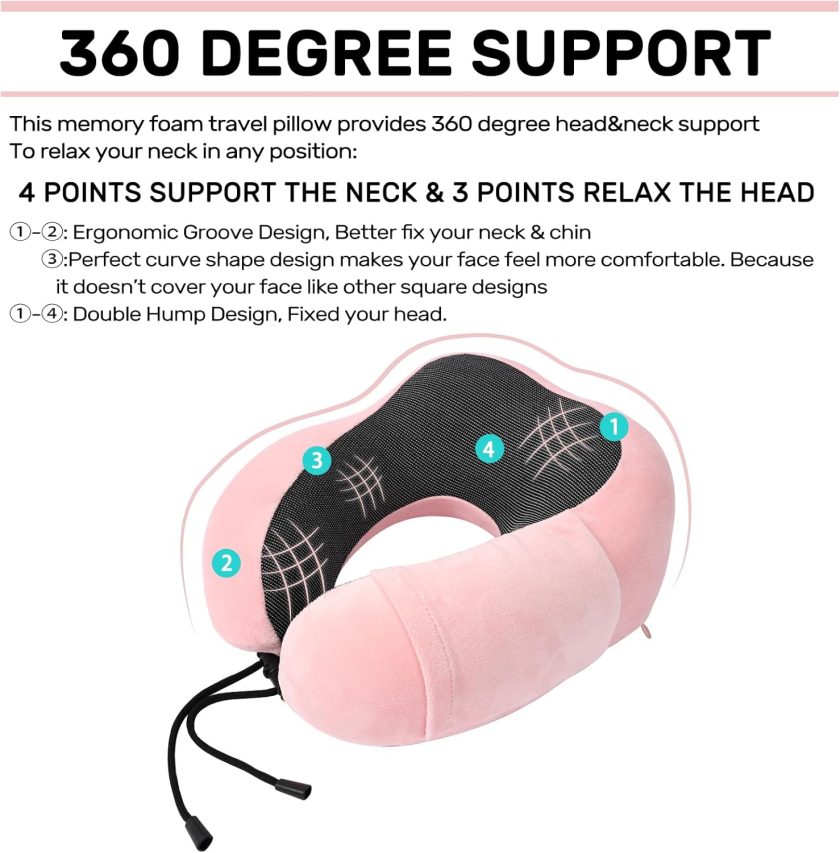Neck Pillow Airplane-2 Pack Memory Foam Travel Pillow, Soft & Support Travel Neck Pillow for Travelling, Sleeping Rest, Car, Train and Home Use (Grey&Pink) - Image 2