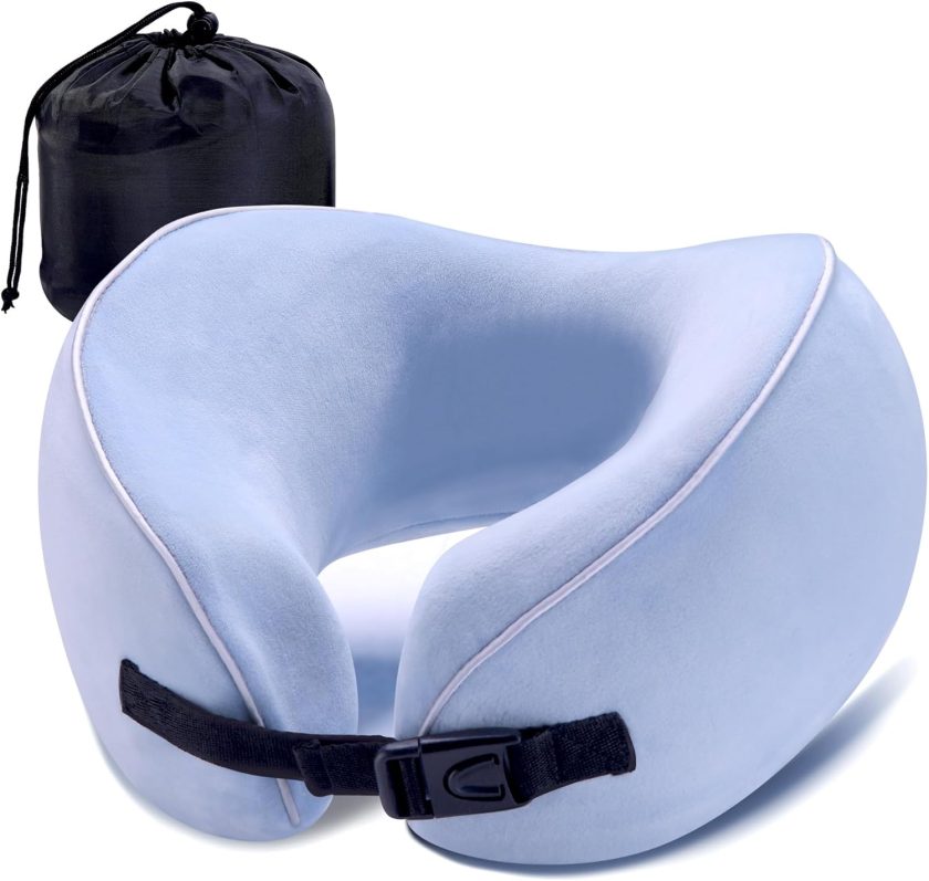 Neck Travel Pillow Airplane 100% Pure Memory Form, Enhanced Chin Support & Adjustable Buckle for Comfortable Long Flight, Neck Pillow Head Rest for Recliner, Travel Essentials Must Haves, Blue