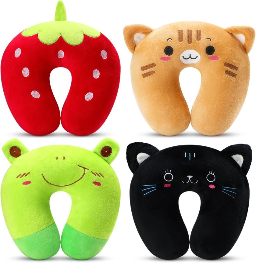 4 Pcs Travel Pillow for Kids Cute Animal Neck Head Chin Support Pillow Soft U Shaped Kids Neck Pillow Car Seat Comfortable PP Cotton Pillow for Airplane Sleeping Children Gift