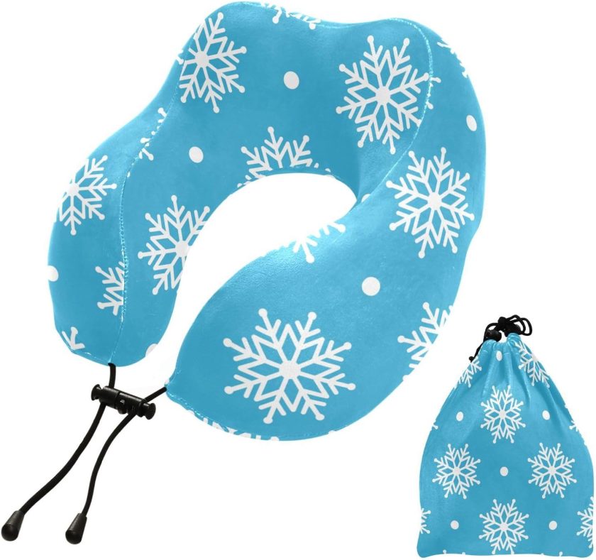 Beautiful White Snow-Flakes Travel Pillow, Memory Foam Neck Pillow Head Support Soft Pillow for Sleeping Rest, Airplane Car & Home Use