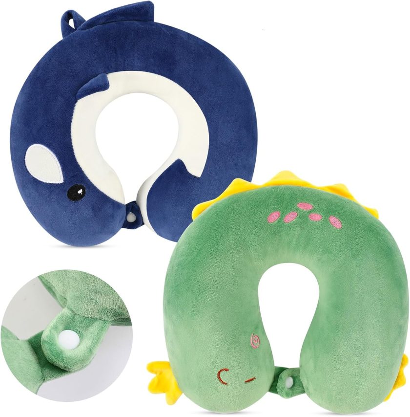 2 Pcs U Shaped Neck Pillow for Travel, Soft Neck Head Chin Support Pillow, Airplane Car (Dinosaur, Shark)