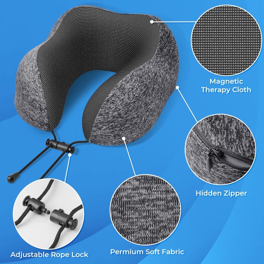 Travel Pillow, Travel Pillows for Sleeping Airplane, Removable Cover Neck Pillow with Adjustable Clasp, Memory Foam Neck Pillow Set with Eye Mask, Earplugs and Storage Bag (Dark Grey) - Image 2