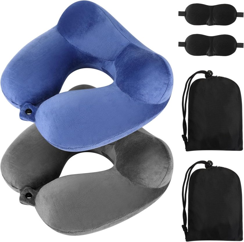 2 Pcs Inflatable Travel Pillow with Compact Bag and Blindfold Velvet Inflatable Neck Airplane Pillow Washable Cushion for Airplanes Flight Car Long Traveling Kids Adults Grey Blue