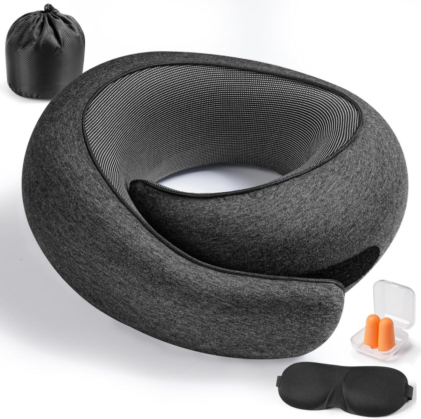 Travel Pillow,Travel Neck Pillow, 360°Memory Foam Neck Pillow Airplane, Travel Pillows for Airplanes, Airplane Pillow, Soft Airplane Neck Pillow Stowable U-Shaped Pillow (Dark Grey)